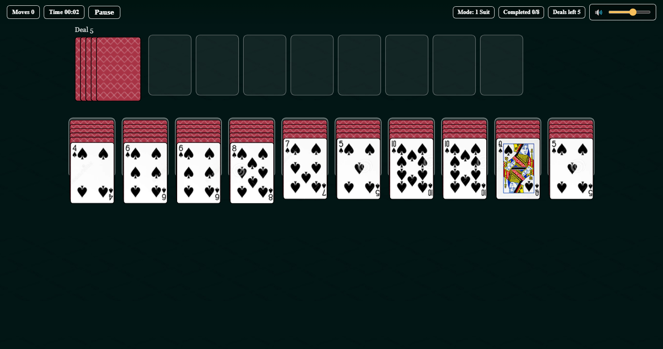 Spider Solitaire layout on SpiderImp showing Deal pile, Completed slots, and ten columns